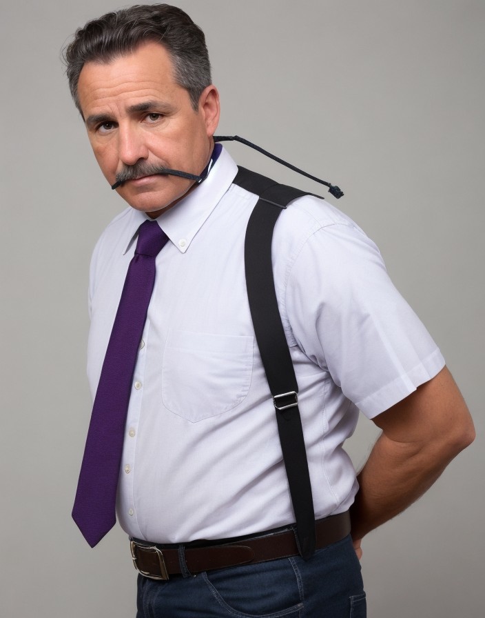 Man with Mustache in White Shirt and Purple Tie