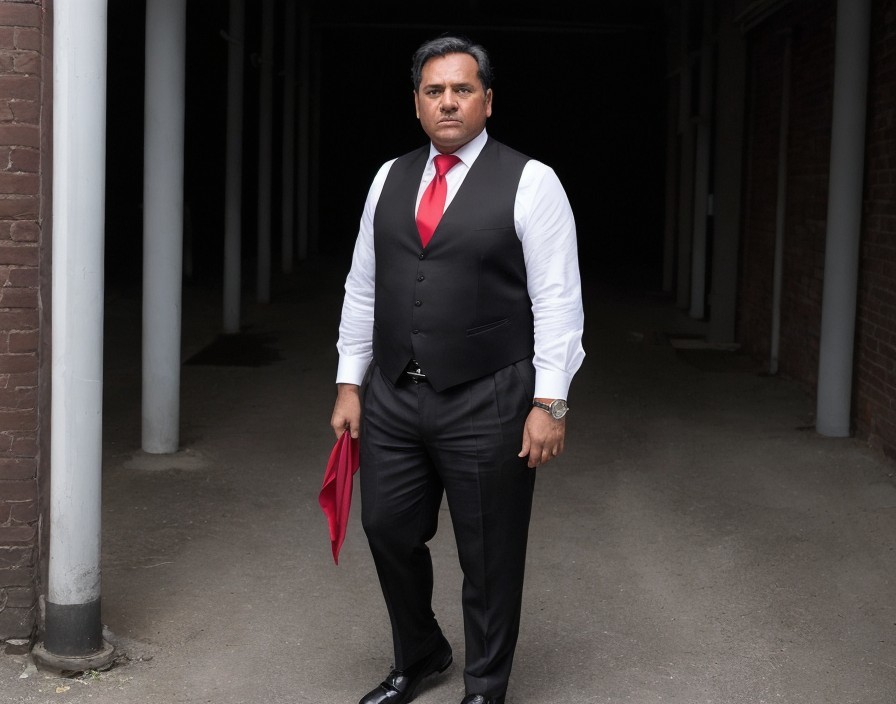 Man in Black Suit with Red Tie in Dim Corridor