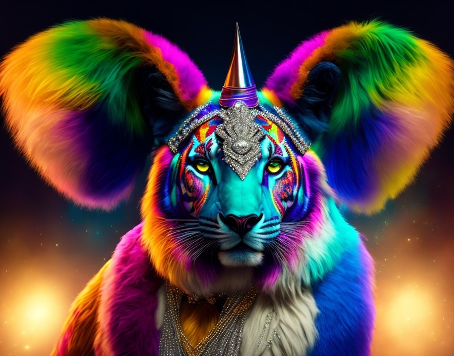 Vibrant Portrait of a Tiger with Unicorn Horn and Jewelry