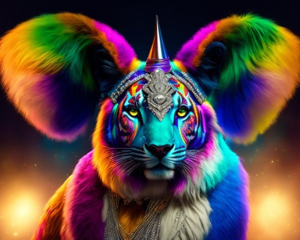 Vibrant Portrait of a Tiger with Unicorn Horn and Jewelry