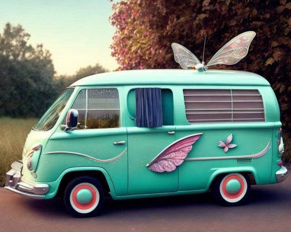 Whimsical Vintage Van with Butterfly Wings at Dusk