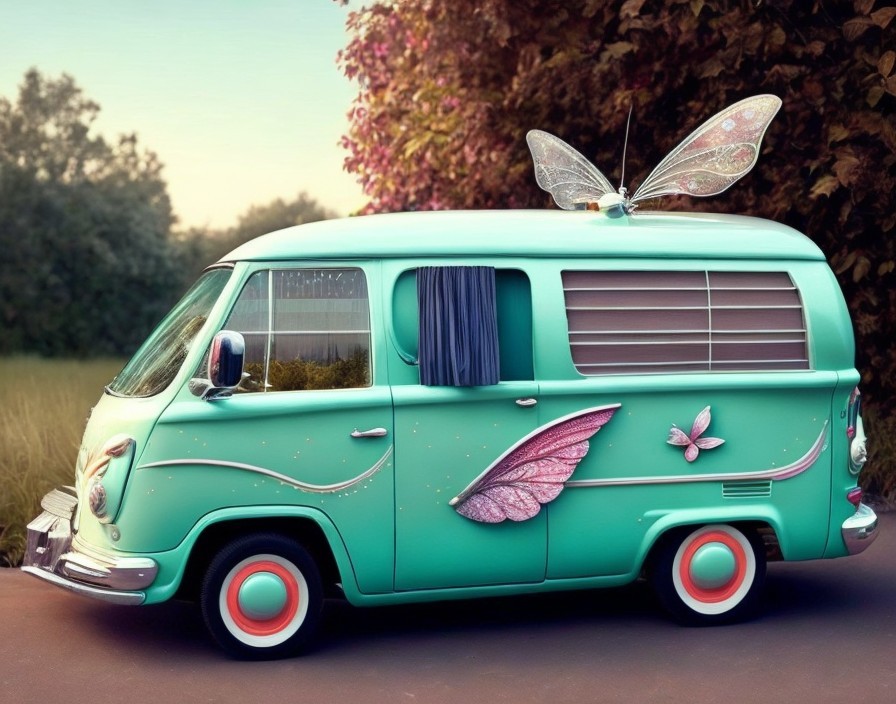 Whimsical Vintage Van with Butterfly Wings at Dusk