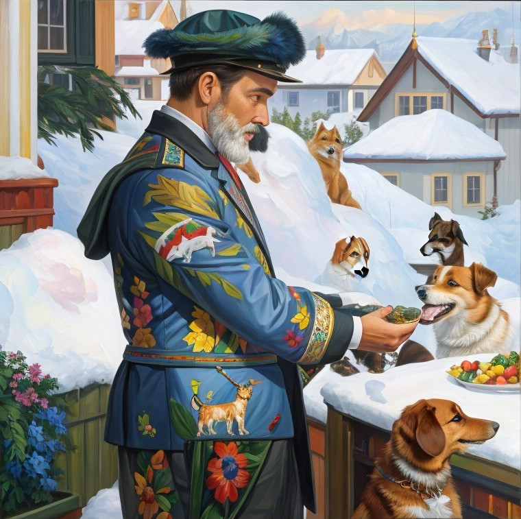 Man in Uniform Feeds Dog in Snowy Setting