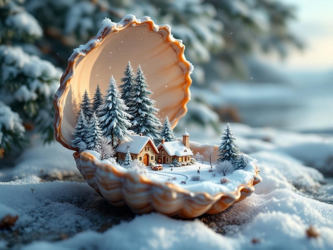 Seashell with Winter Scene in Snowy Landscape