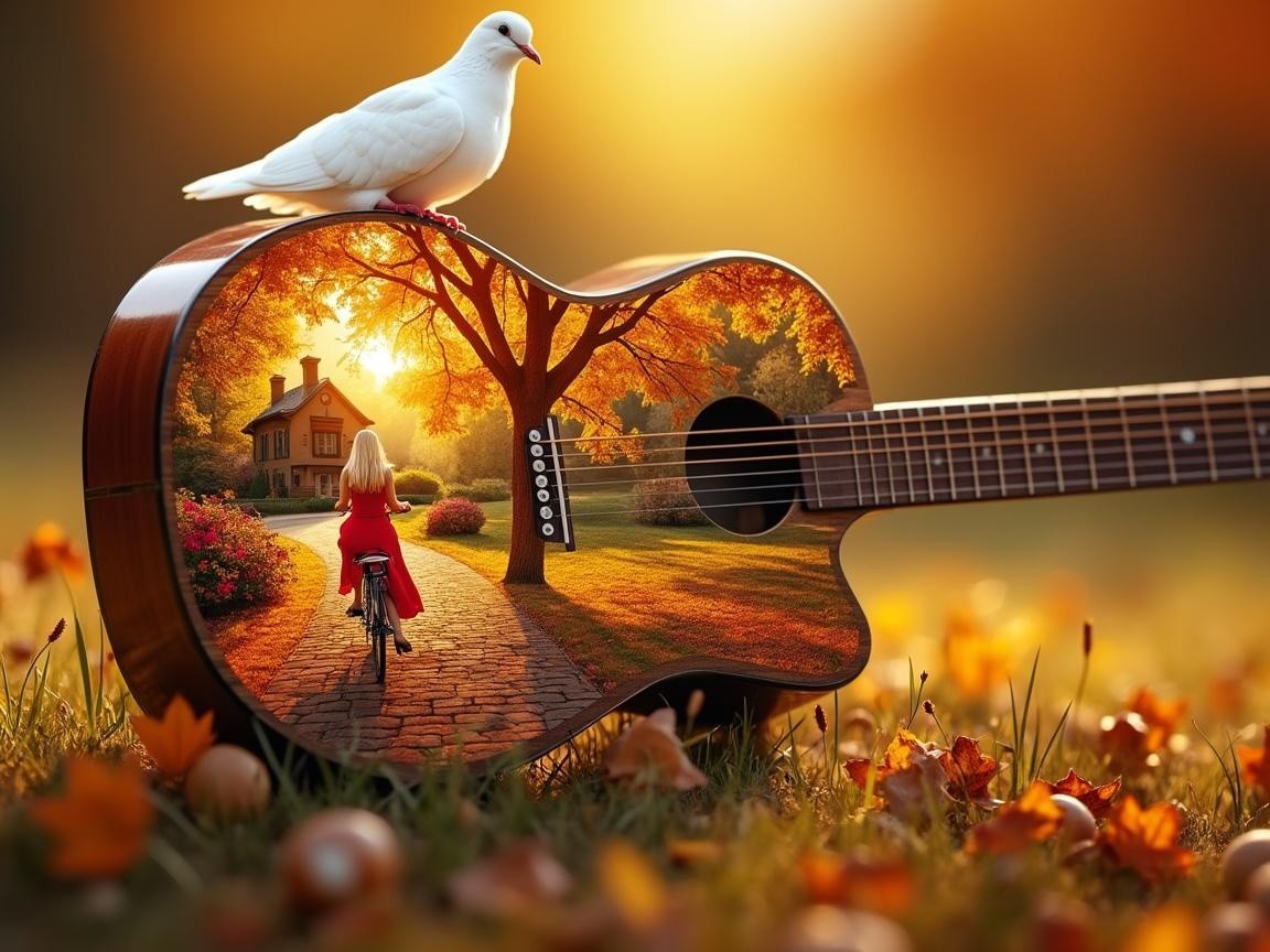 Autumn Landscape Framed by an Acoustic Guitar
