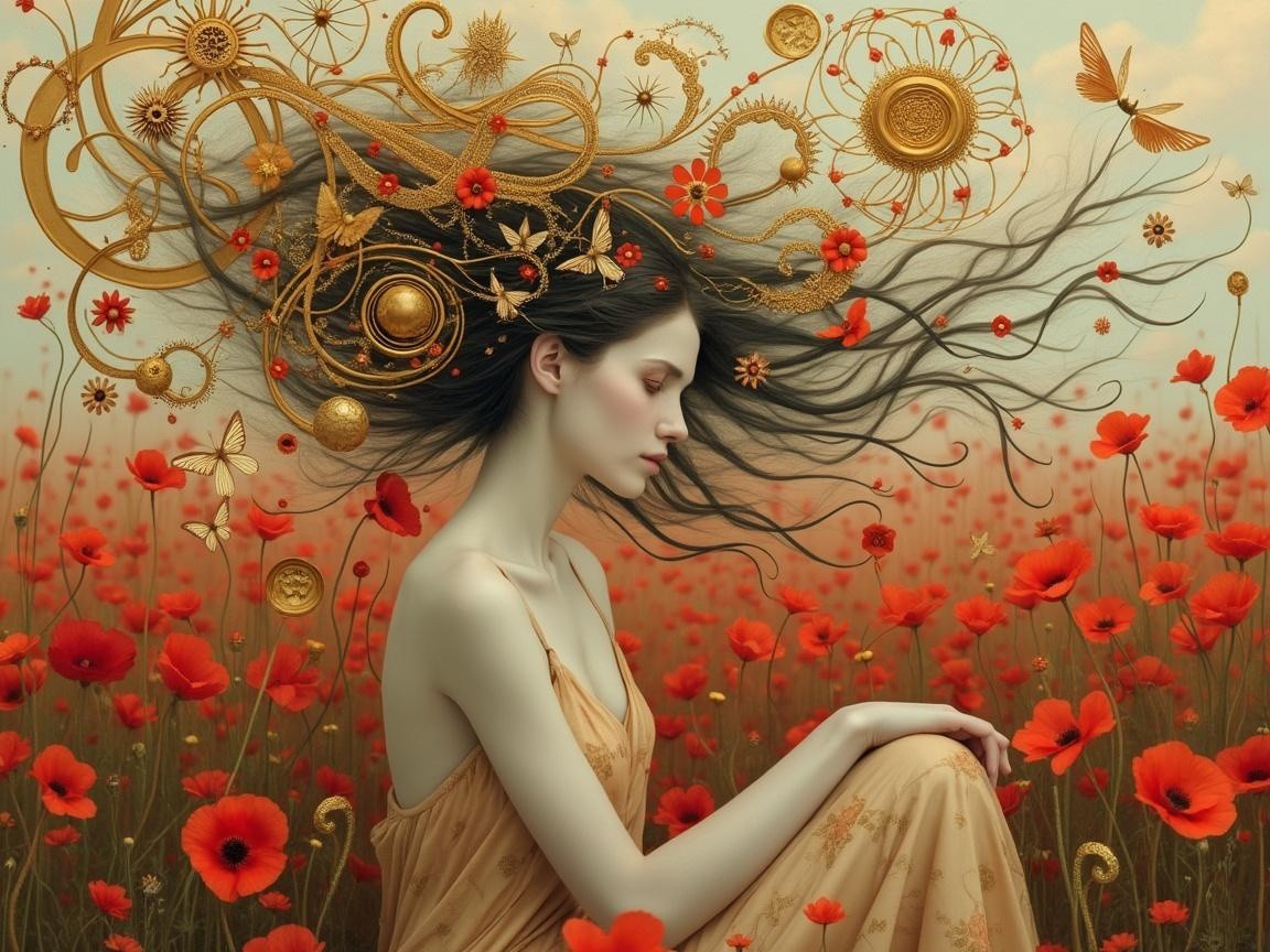 Serene Woman Surrounded by Red Poppies and Whimsy
