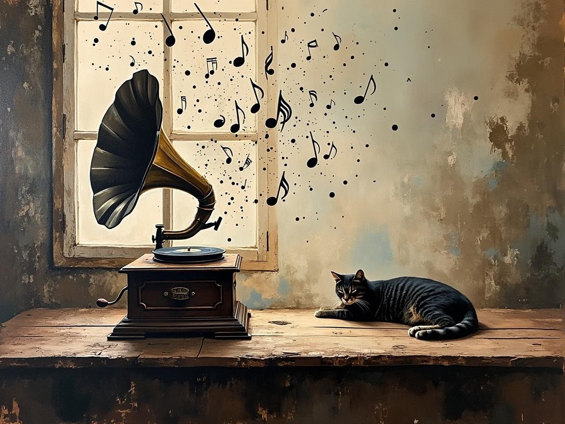 Rustic Room with Vintage Gramophone and Tabby Cat