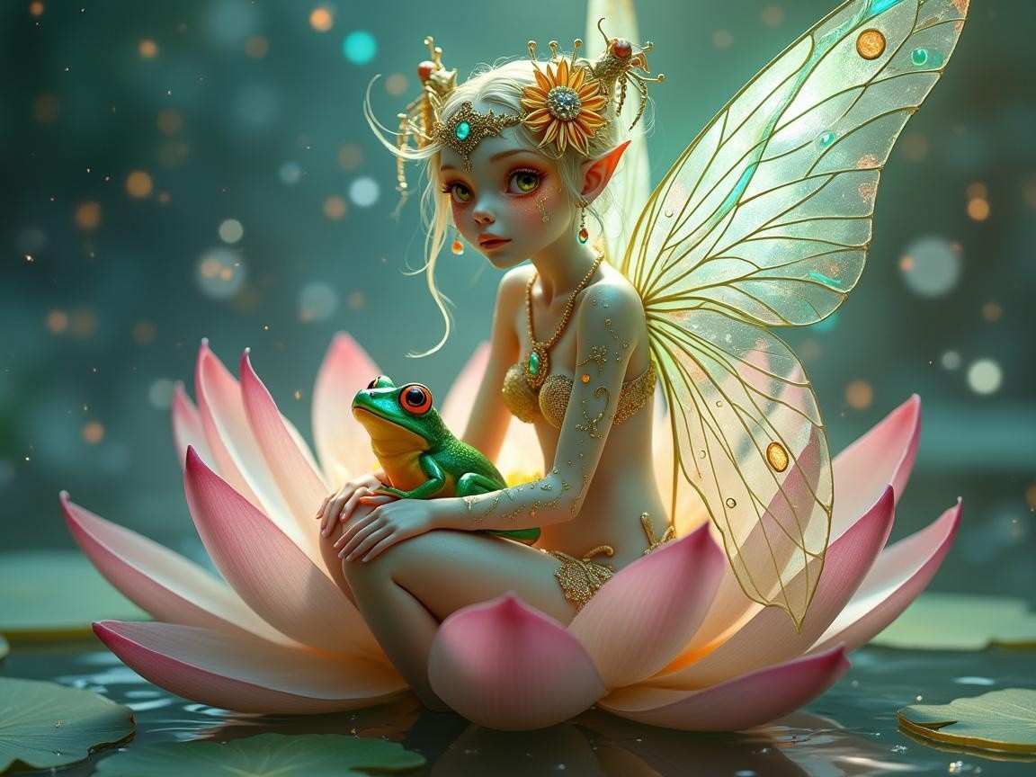 Fairy on Pink Lotus Flower with Frog in Enchanted Scene