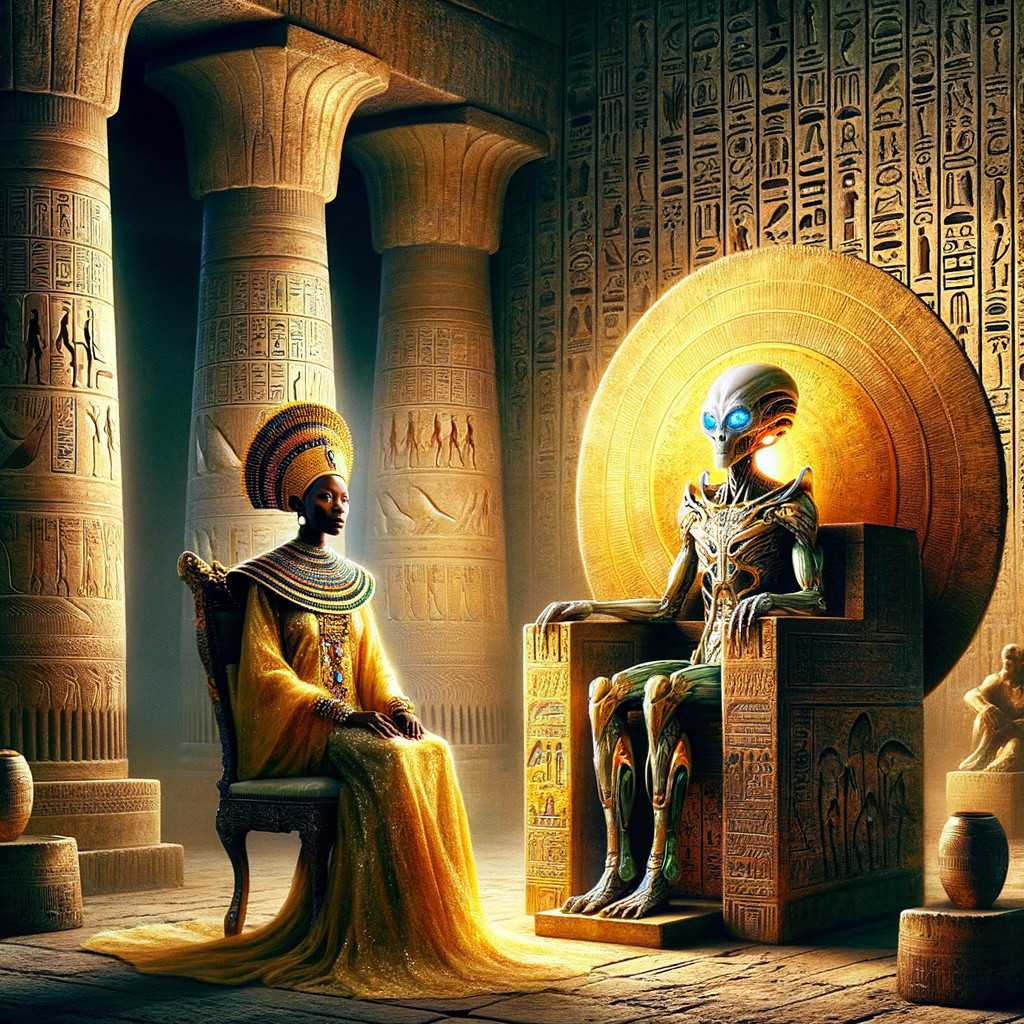 Regal figure and extraterrestrial in ancient temple setting