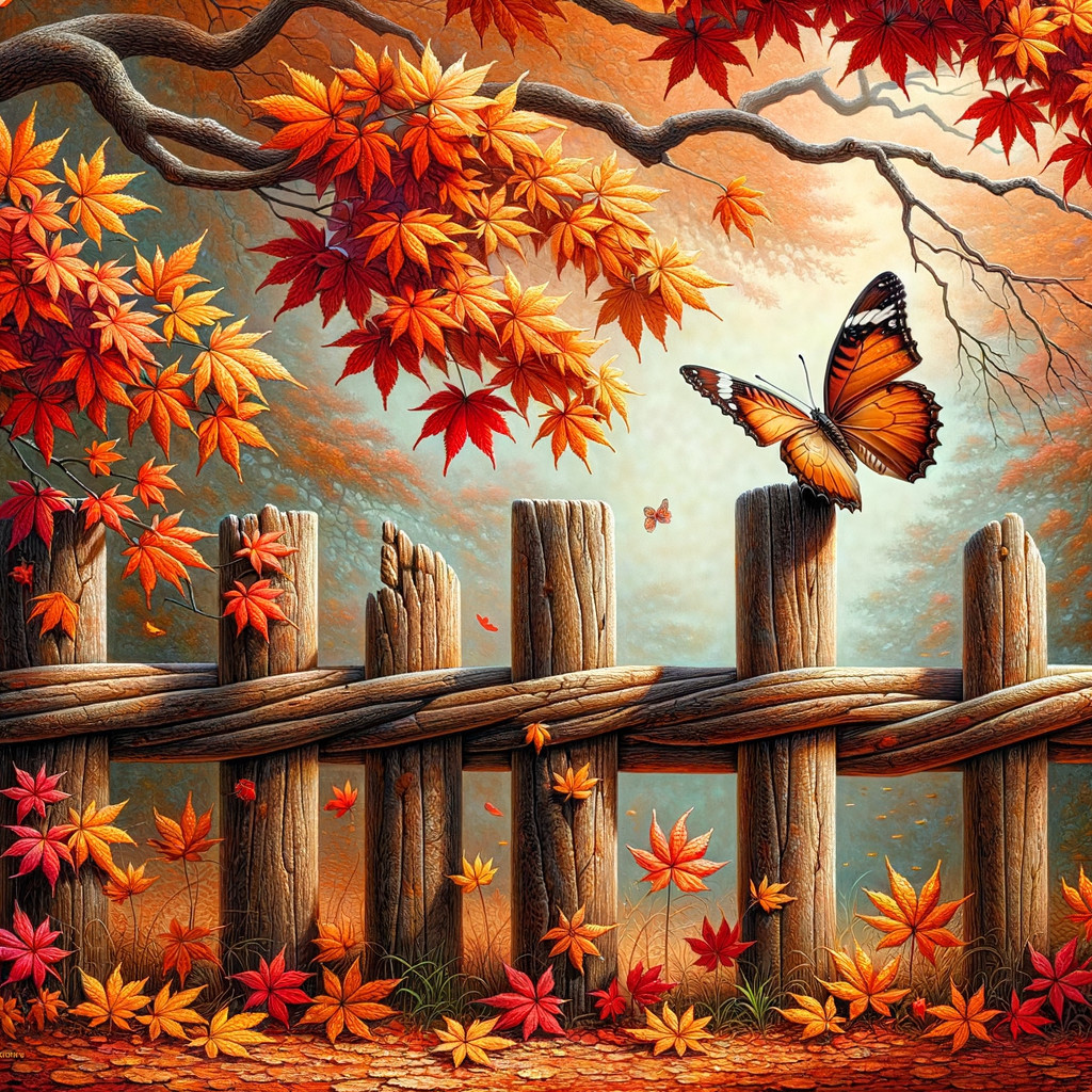 Autumn Scene with Maple Leaves and Butterfly