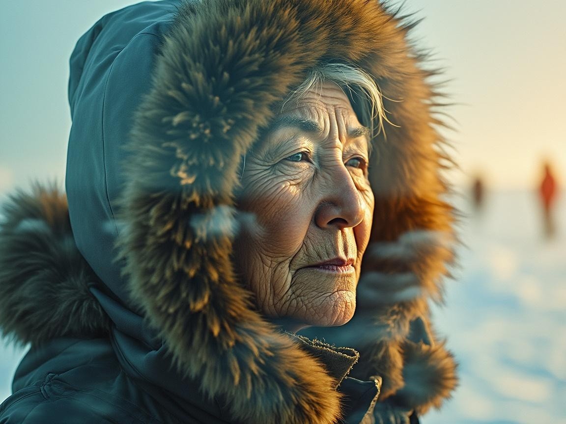 Elderly Woman in Warm Light Against Snowy Background