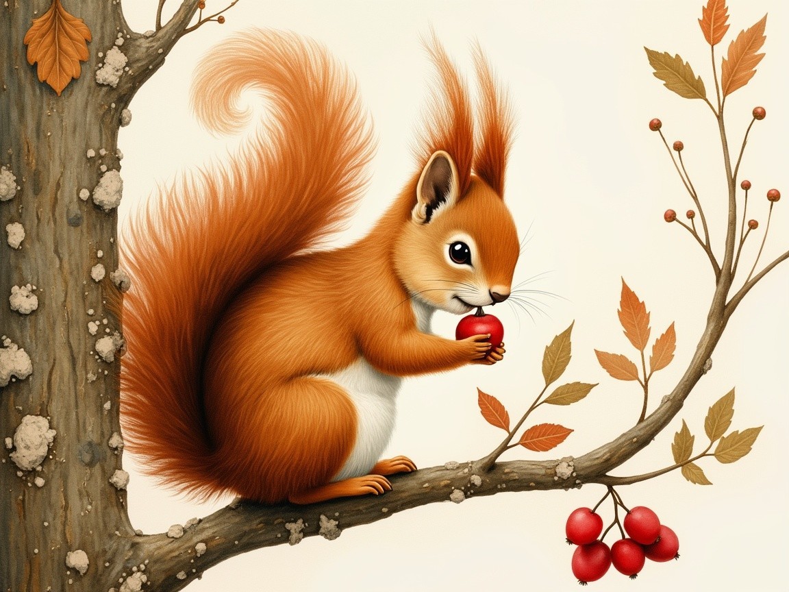 Fluffy-tailed squirrel with berry on autumn branch