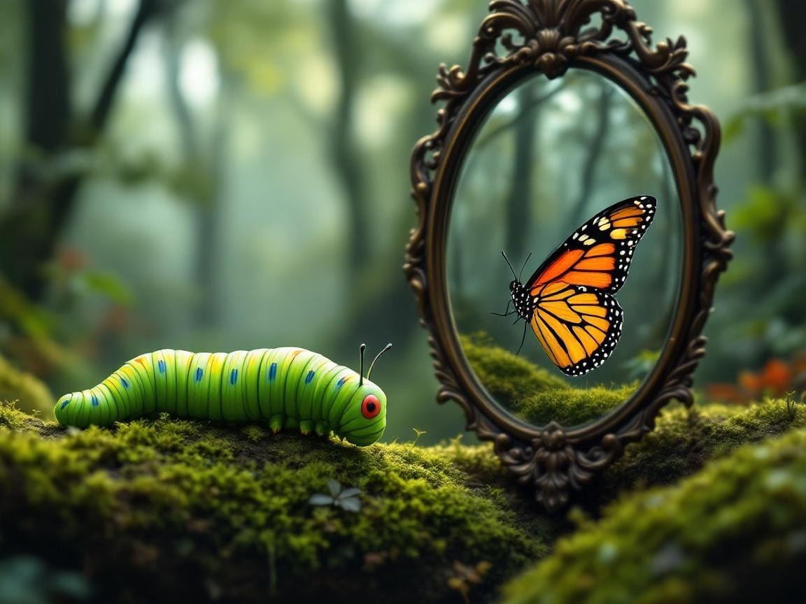 Caterpillar Reflects on Transformation in Forest Scene