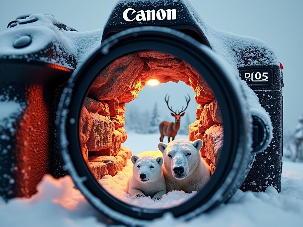 Polar Bear Cubs in Camera Lens Amidst Snowy Landscape