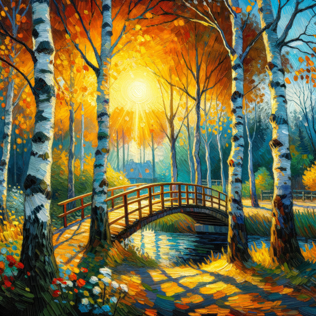 Autumn Landscape with Birch Trees and Wooden Bridge