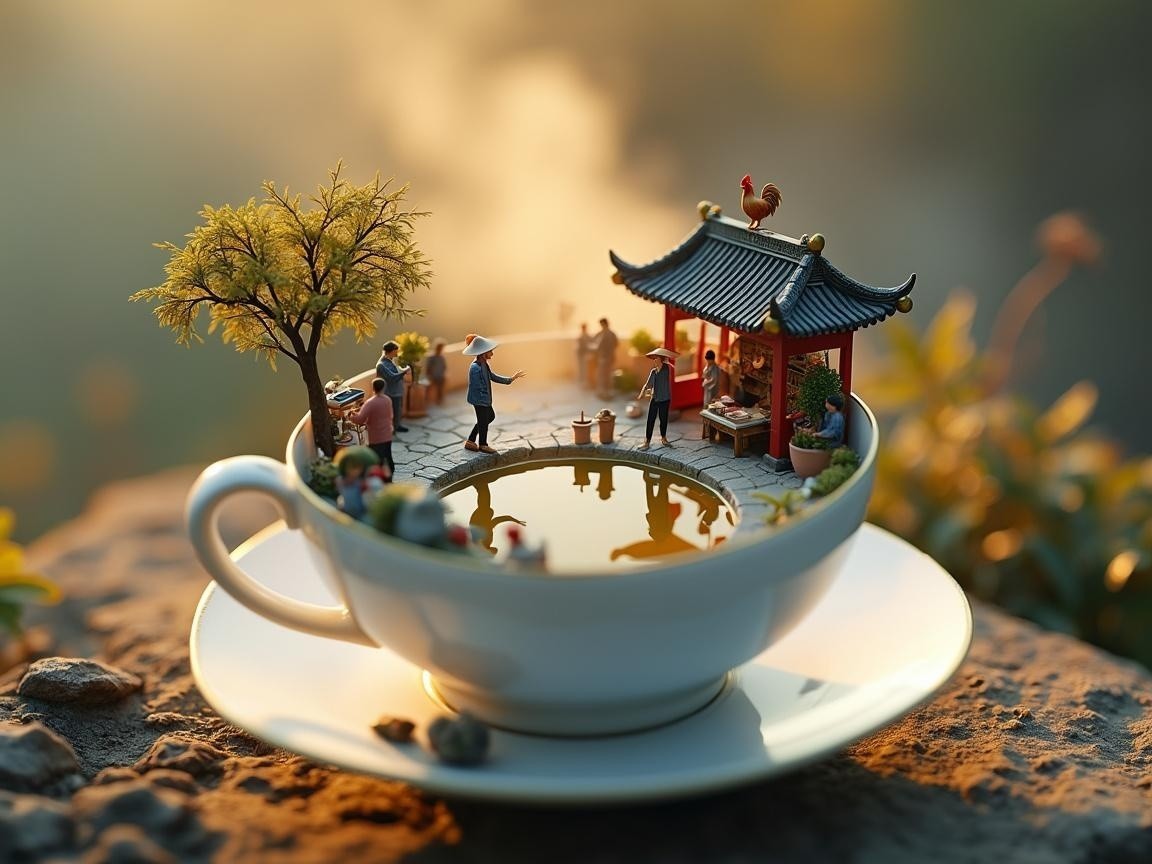 Whimsical Teacup Scene with Tiny Figures and Nature