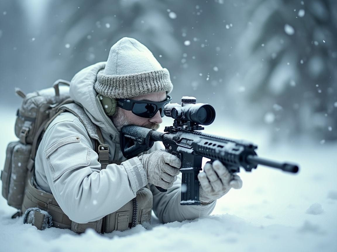 Soldier in Winter Camouflage Aiming in Snowy Landscape
