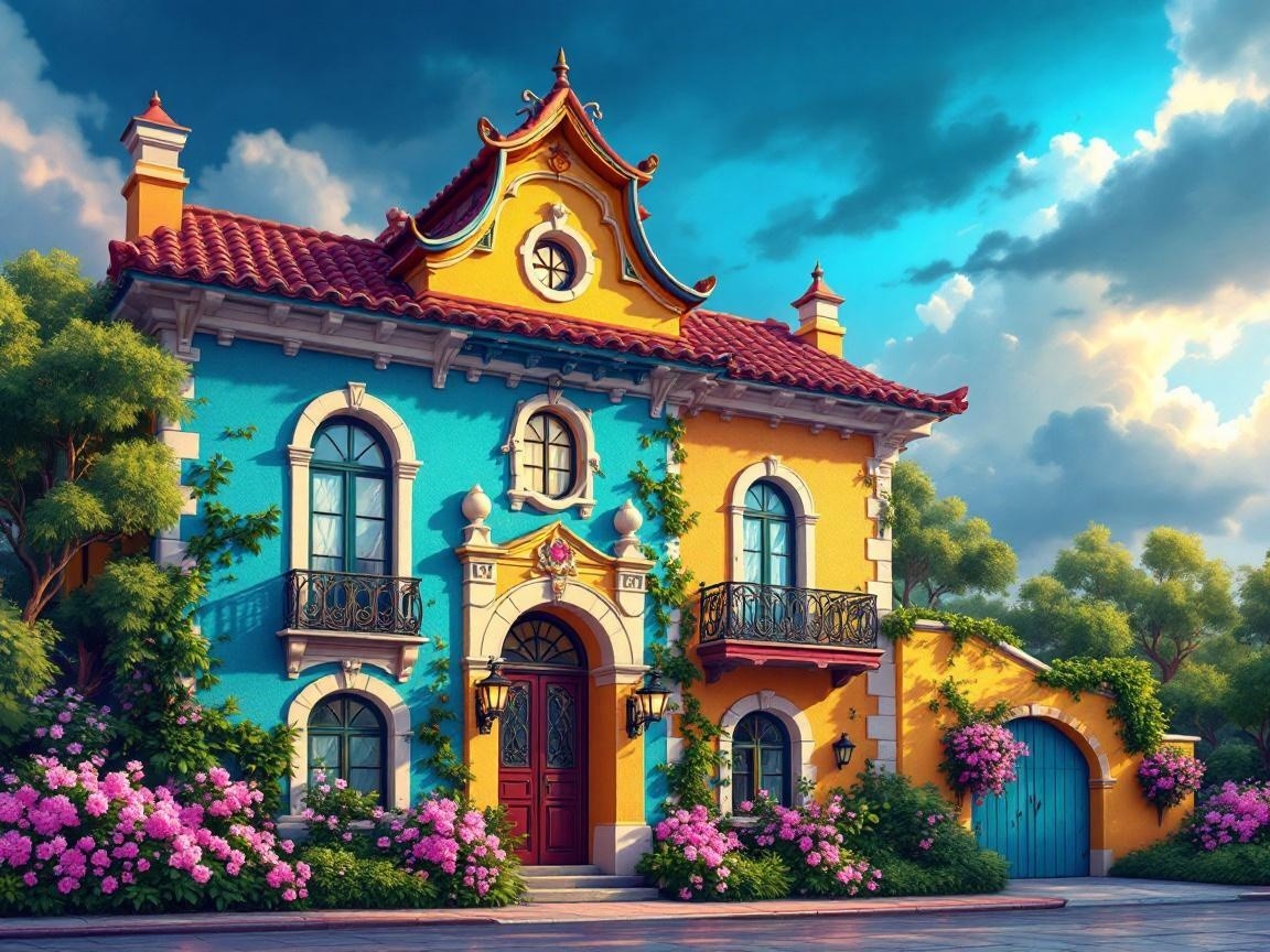 Whimsical House with Blue and Yellow Walls and Garden