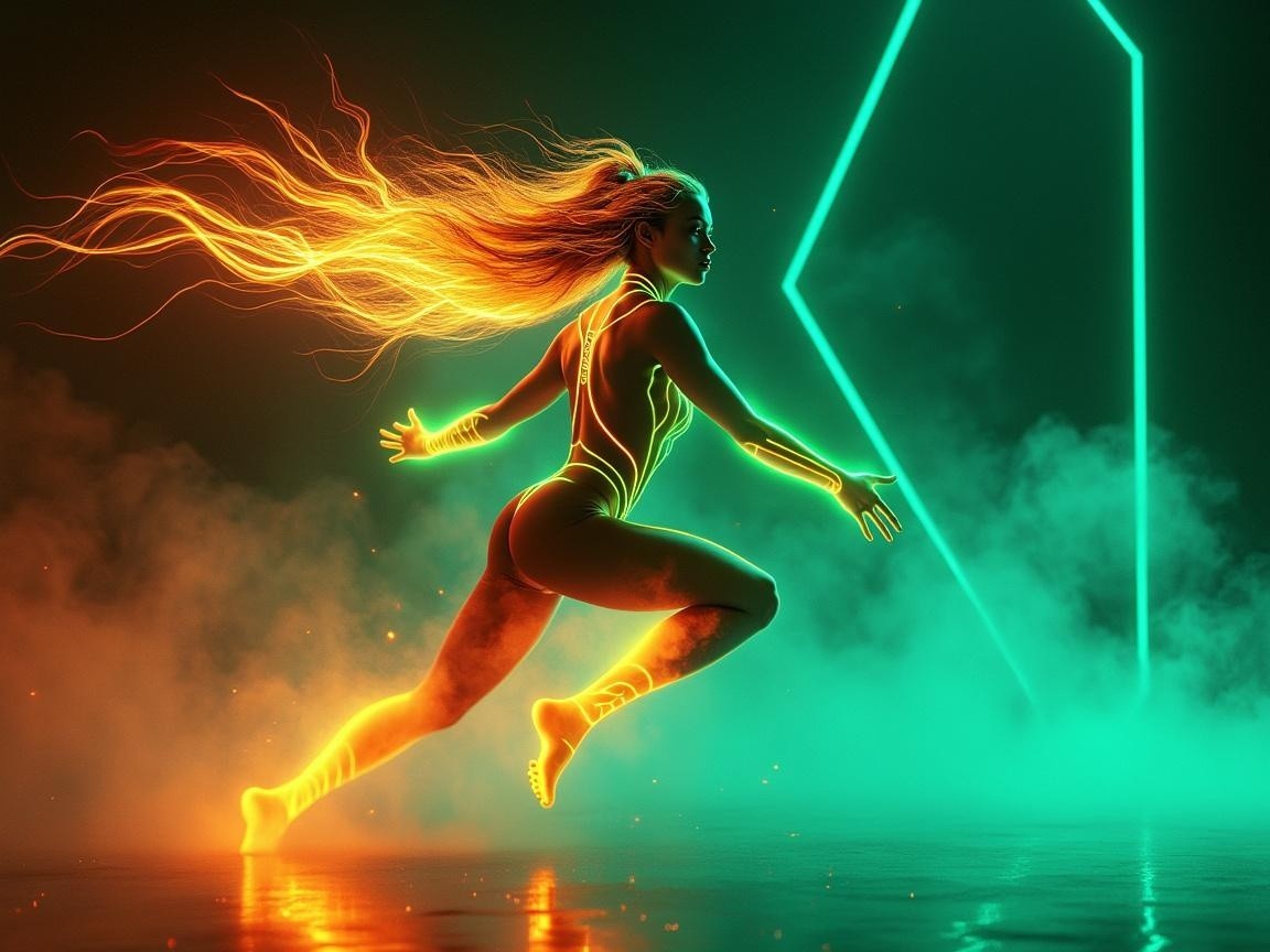 Dynamic figure in neon hues across misty landscape