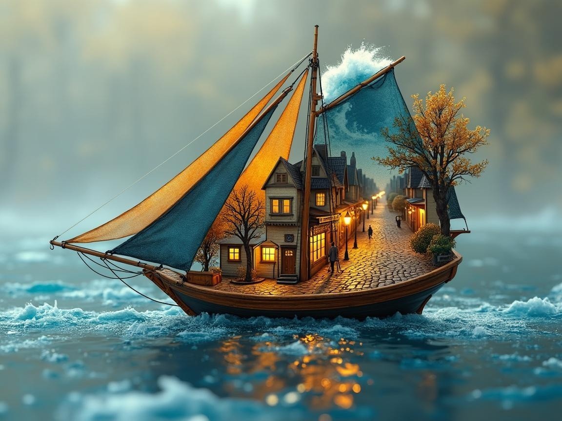 Sailing Boat Transformed into a Quaint Village Scene