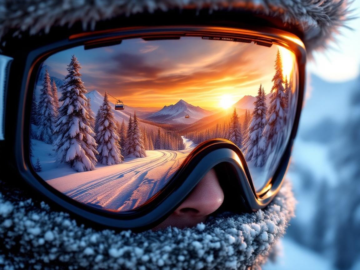 Close-up of Ski Goggles Reflecting Snowy Landscape