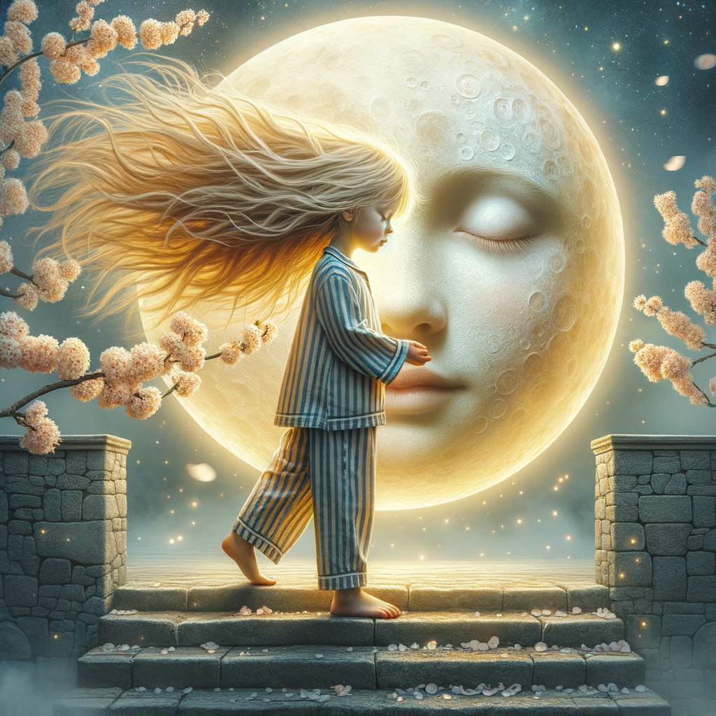 Young Girl in Pajamas Ascends Steps to Glowing Moon