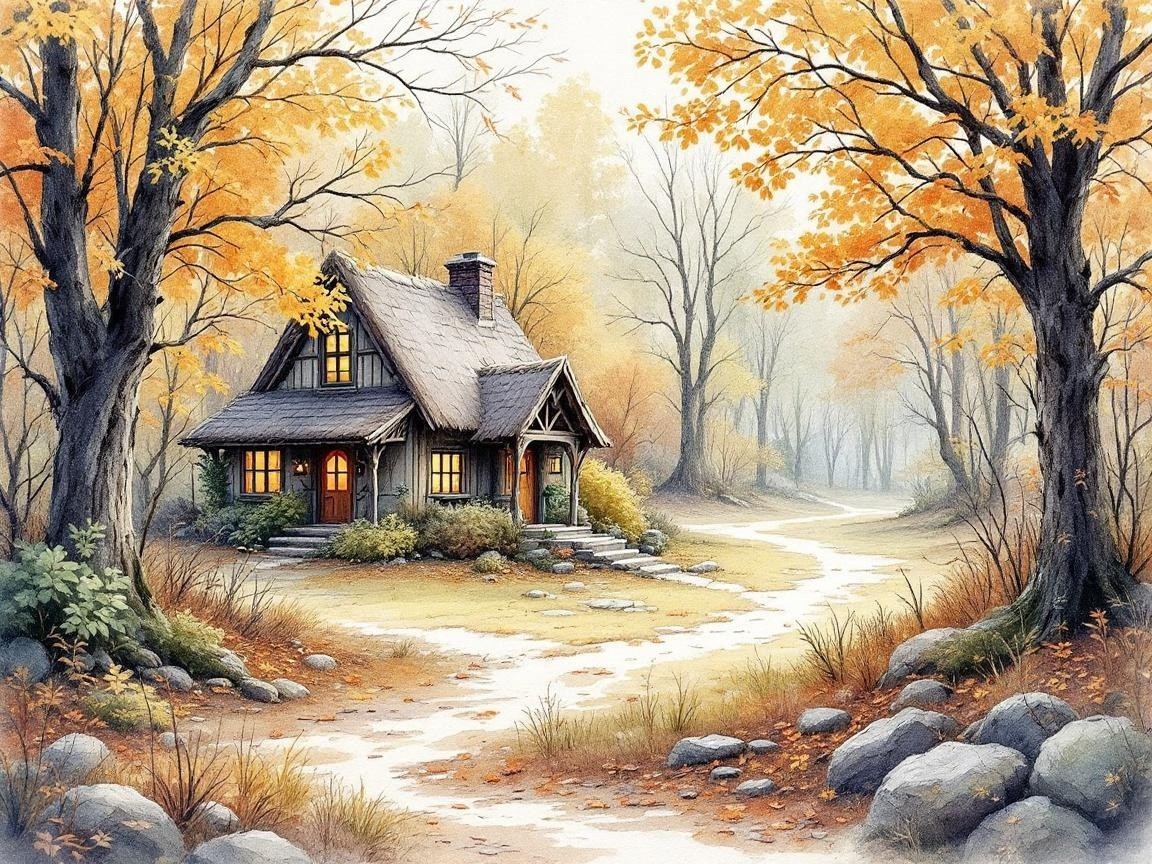 Charming Cottage in a Serene Autumn Forest Scene