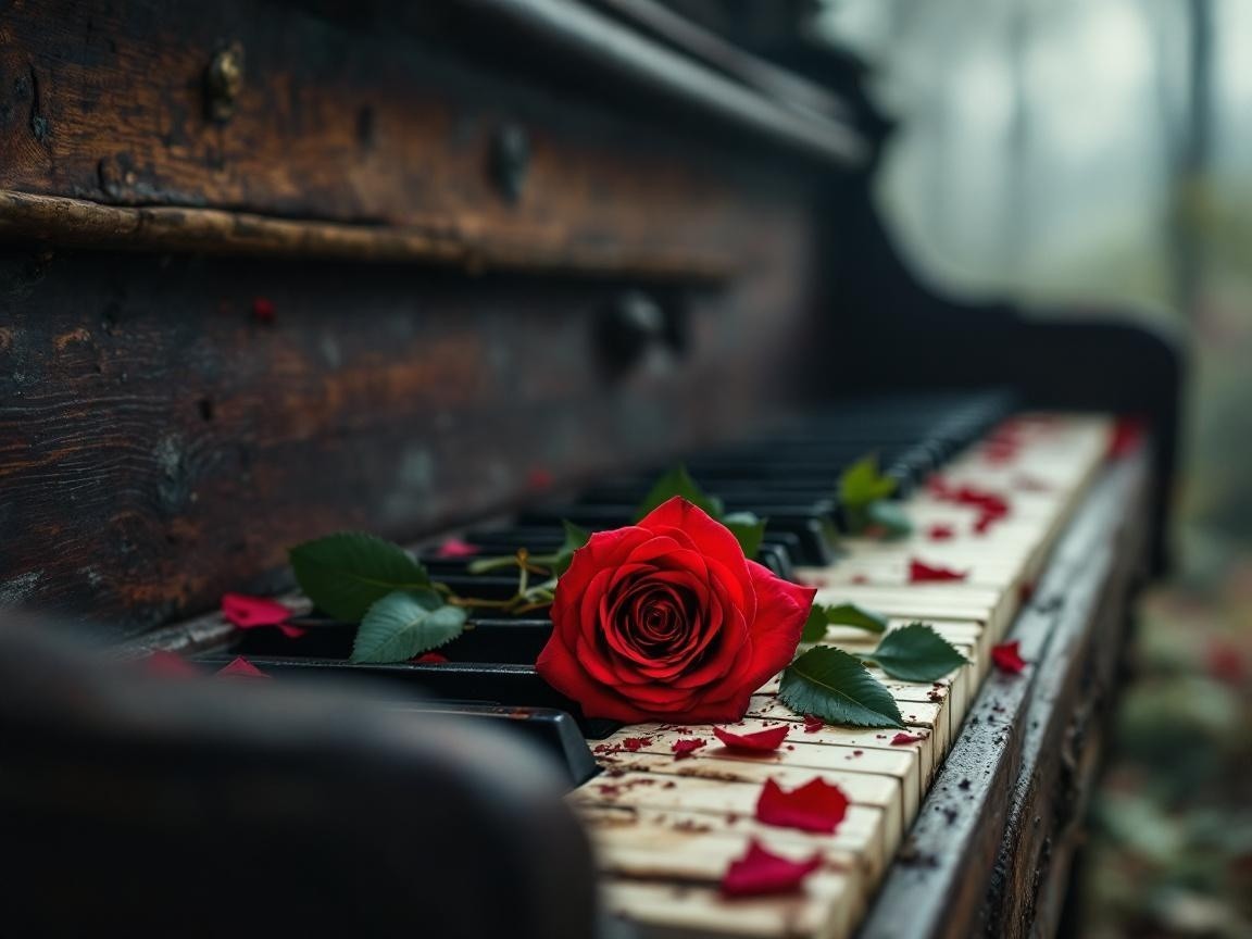 Wooden piano with rose petals in a misty setting