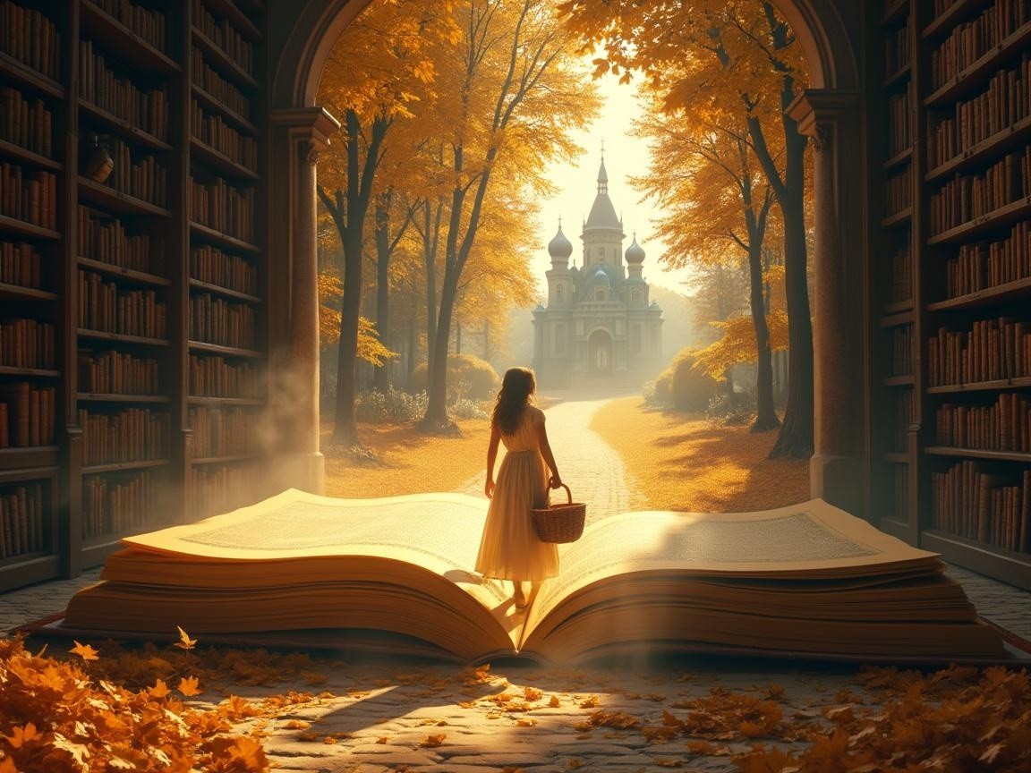 Young Woman in Yellow Dress by Open Book and Castle