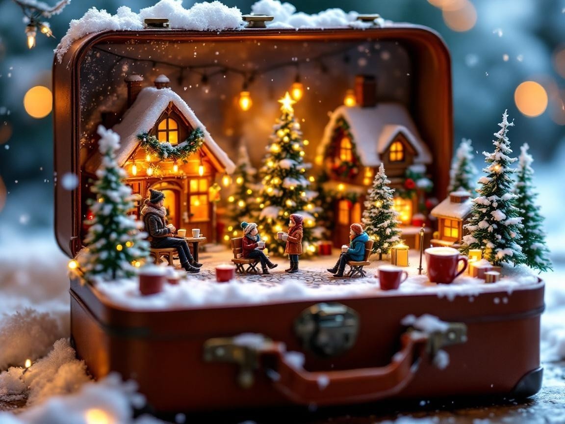 Vintage Suitcase Winter Scene with Miniature Village