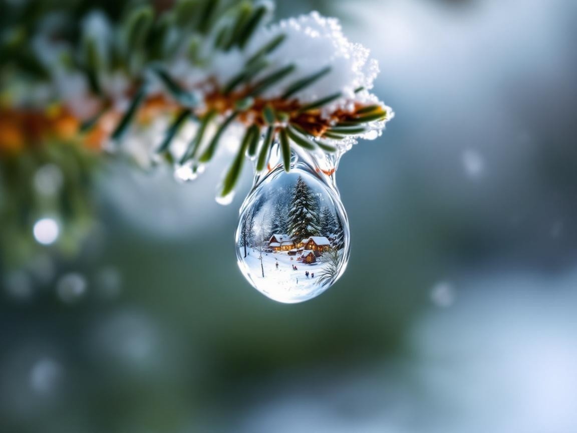 Ice Droplet Reflecting Winter Cabin Scene on Pine Branch