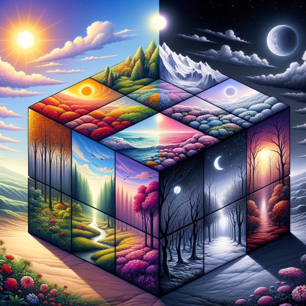 Multidimensional Cube with Four Seasonal Landscapes
