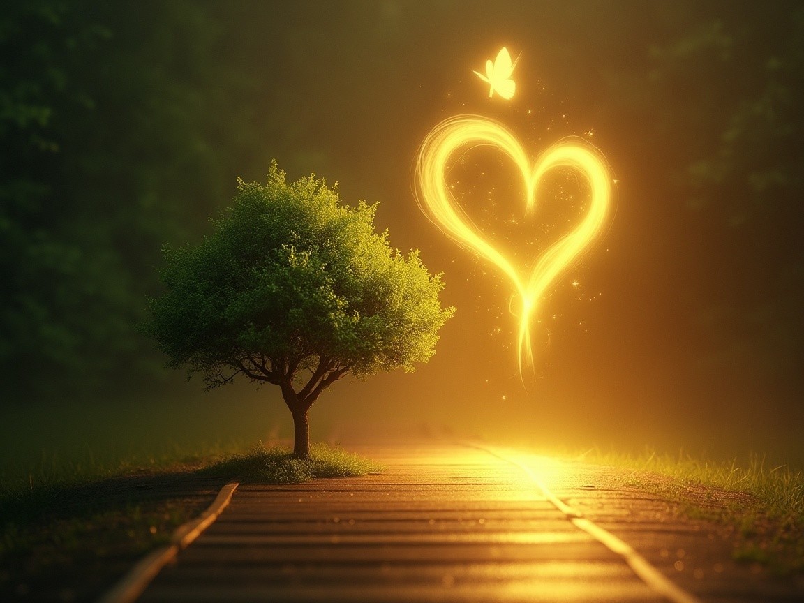 Lone Tree and Path Under Heart-Shaped Light