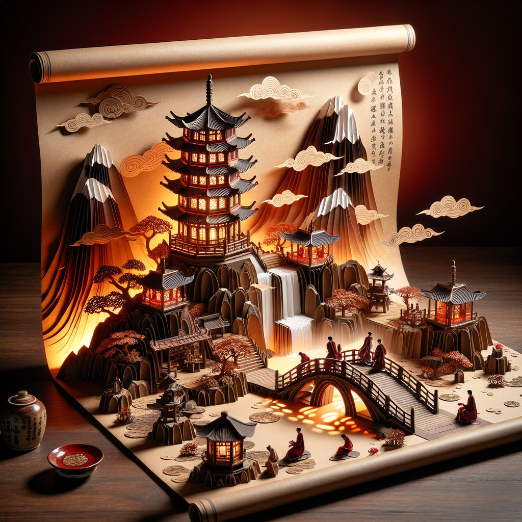 Intricate Pop-Up Scene of Serene Asian Landscape