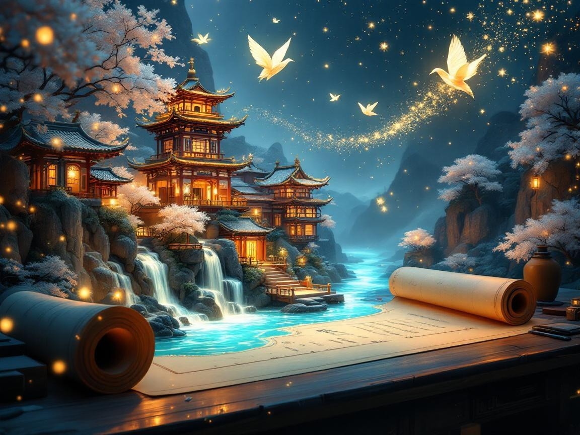 Traditional Asian Pagoda by a Tranquil River Scene