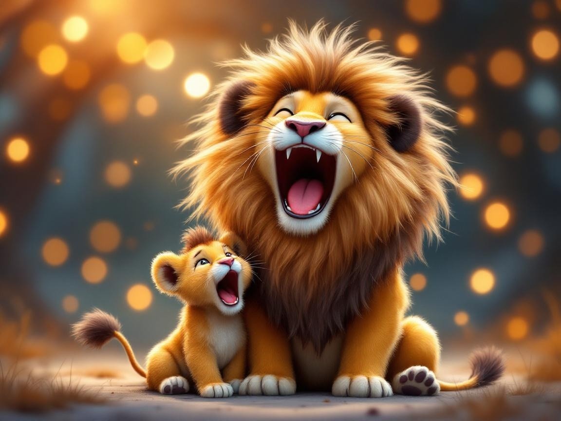 Majestic Lion and Playful Cub in Enchanting Scene