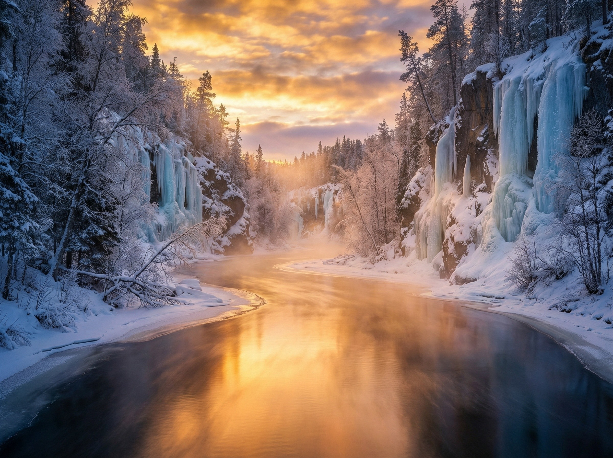 Winter Landscape with River in Snow-Covered Canyon