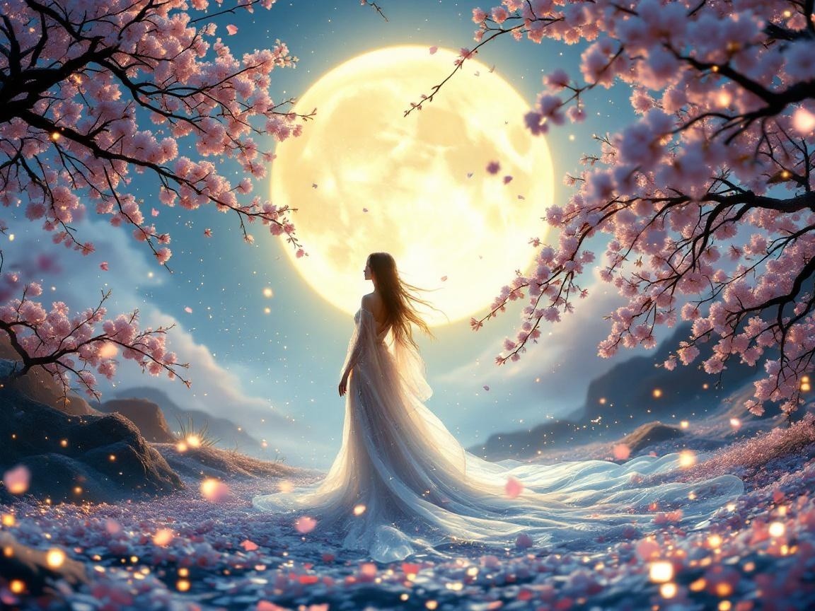 Full Moon Scene with Cherry Blossoms and a Gown