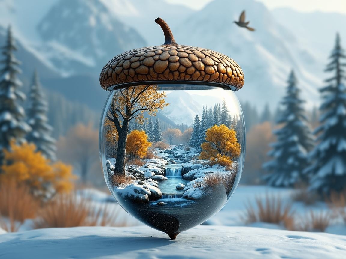 Glass Acorn Surrounded by Snowy Mountains and Trees