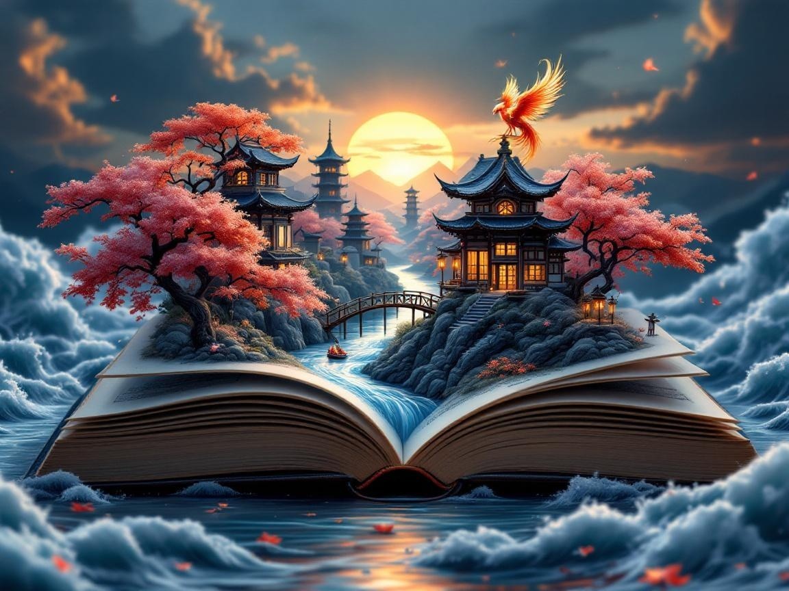 Serene landscape with pagodas and cherry blossoms