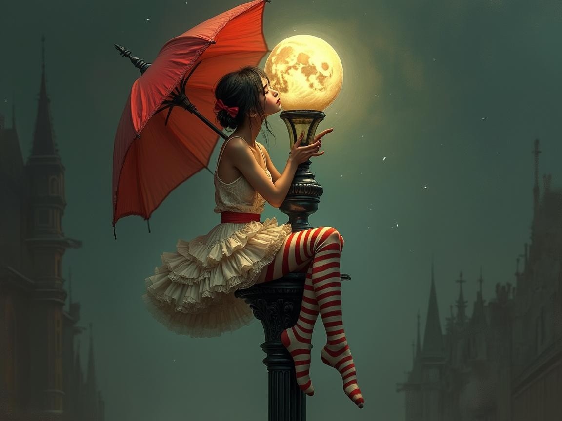 Whimsical Scene of Woman with Umbrella and Moon