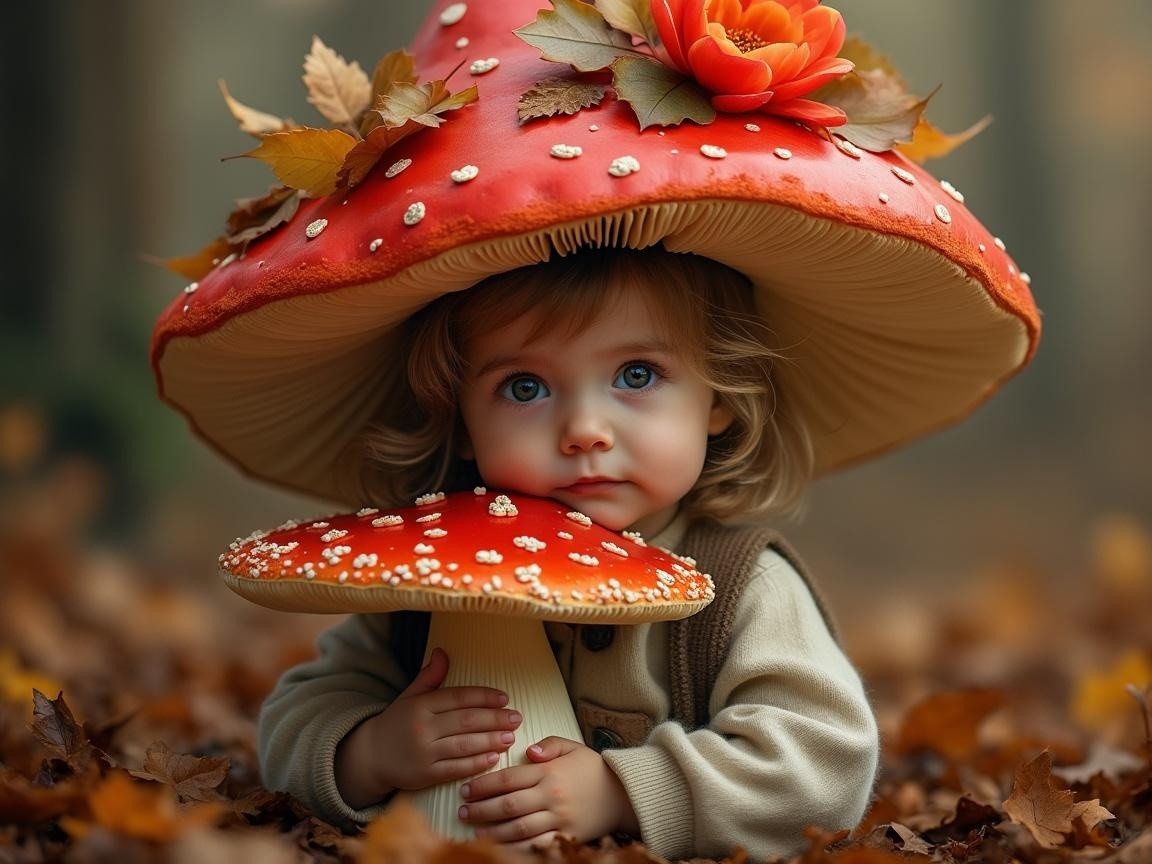 Child in Autumn Forest with Whimsical Mushroom