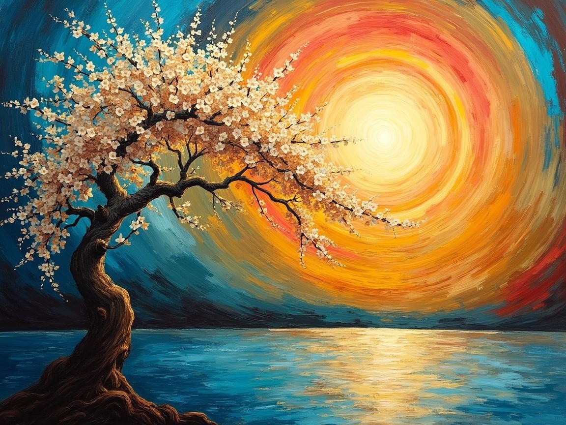 Vibrant Sunset Over Serene Cherry Blossom Landscape