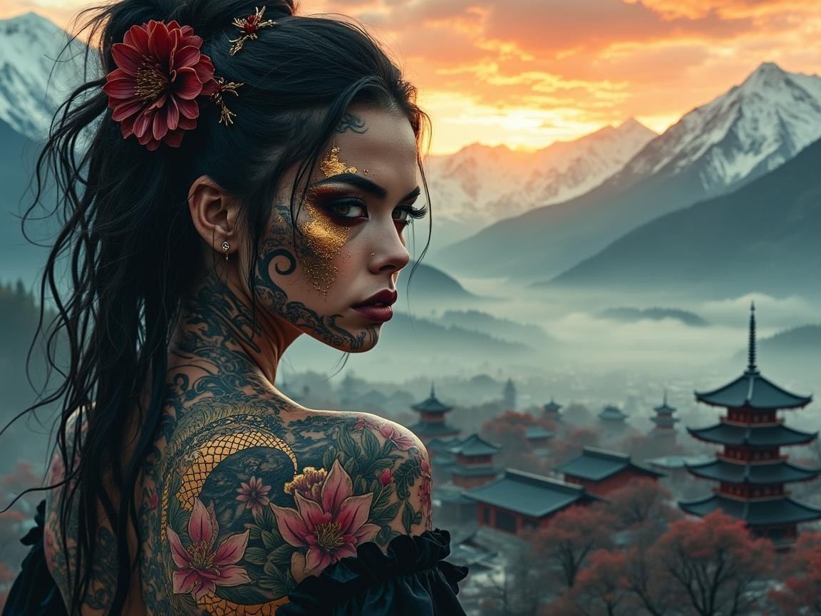 Woman in Black Dress Against Mountain Sunset Landscape