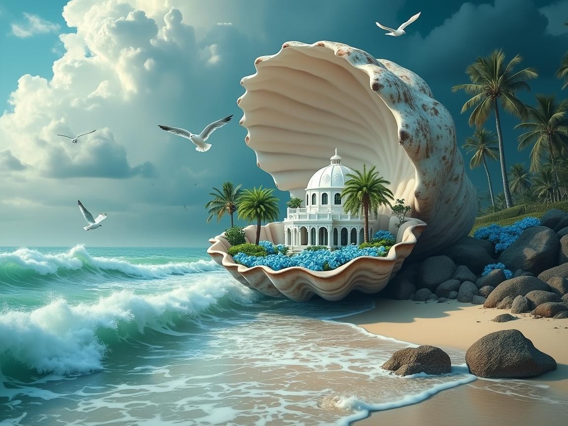 Seashell on Beach with White Building and Blue Flowers