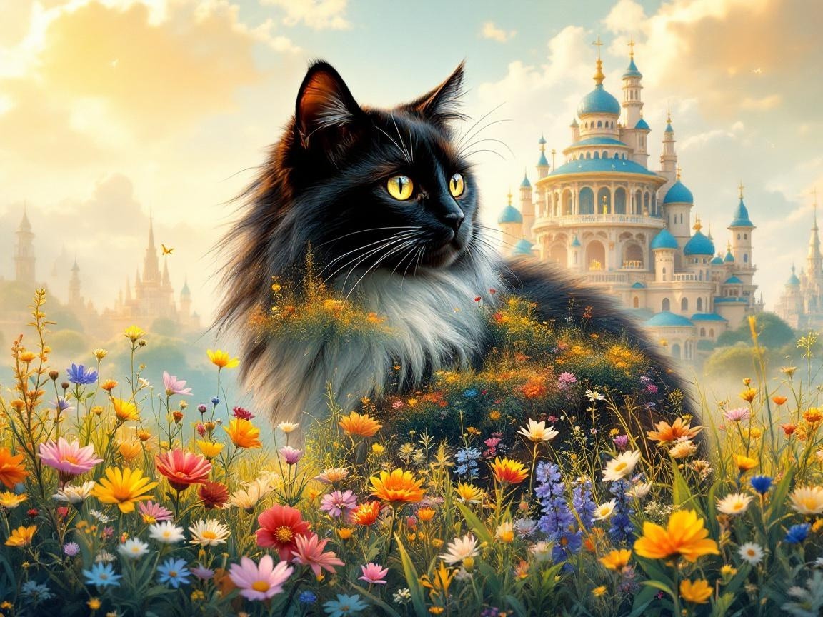 Majestic black cat in whimsical floral landscape