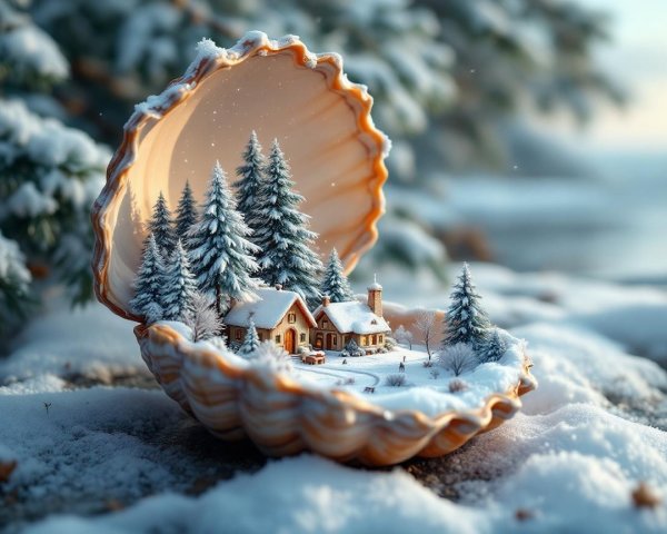 Seashell with Winter Scene in Snowy Landscape
