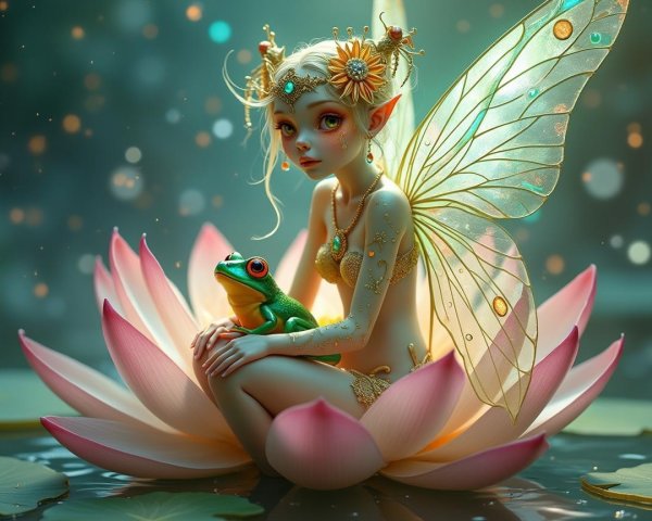 Fairy on Pink Lotus Flower with Frog in Enchanted Scene
