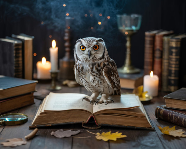 Owl on Vintage Book Surrounded by Candles and Smoke