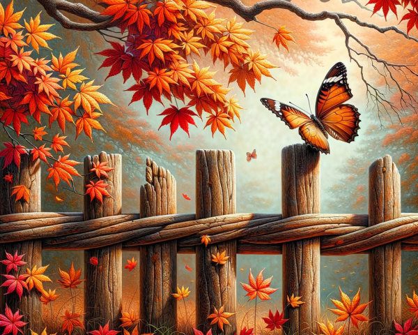 Autumn Scene with Maple Leaves and Butterfly